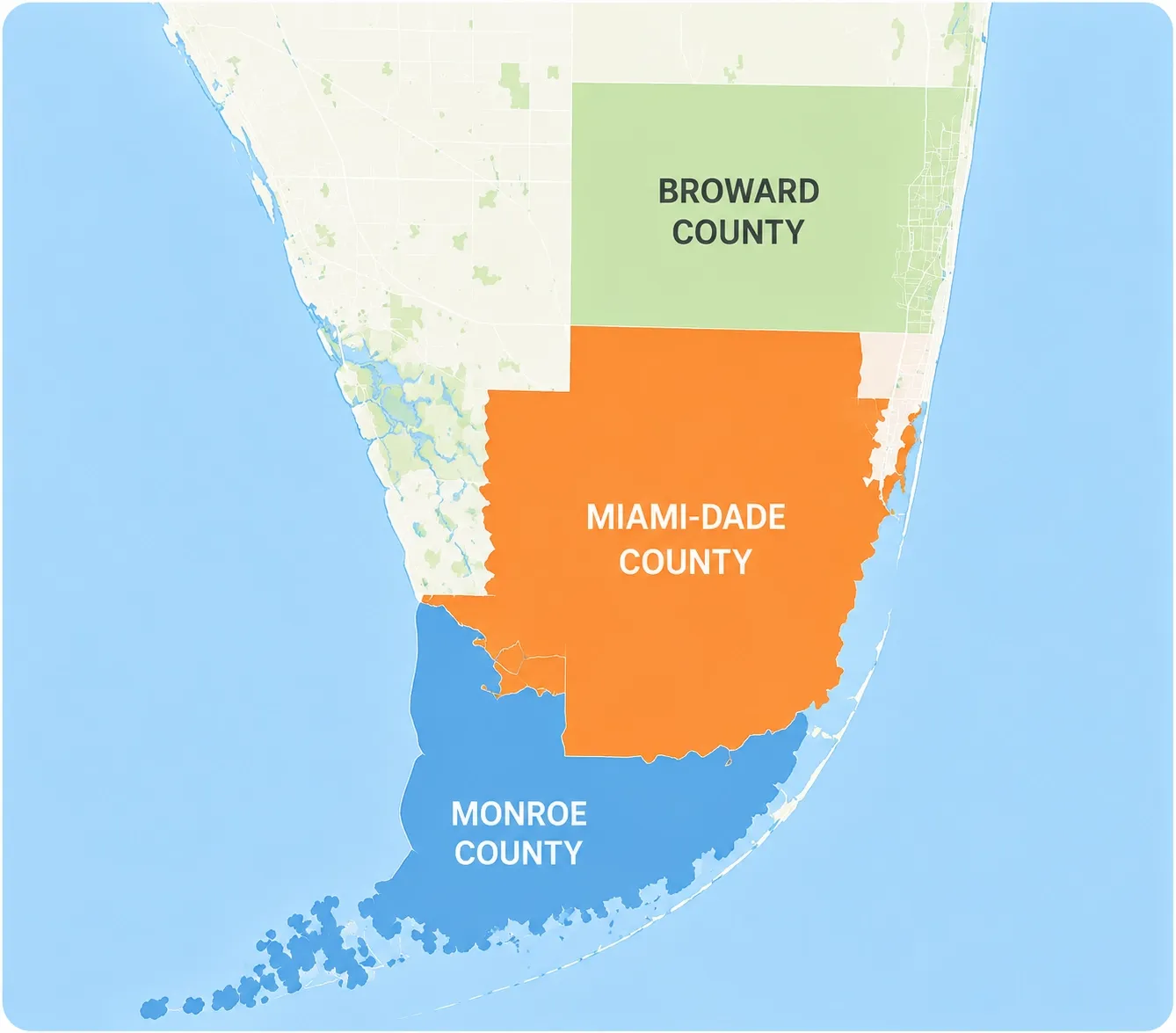 Map of Miami-Dade, Broward, and Monroe Counties served by 911MyWeb